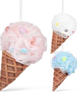 Healvian 3 Stück Packung Eiscreme Körper Luffa Duschschwamm aus Pe mit Aufhängekordel Sanft zur Haut Niedliches Design Badezubehör für Kinder und Mädchen