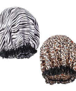 VALICLUD Damen Satin Schlafmütze mit Blumen Spitze Weiche Haarkappe für Geschützten Schlaf Komfortabel und Langlebig Zebra Goldener Leopardenmuster für Lockiges Haar und