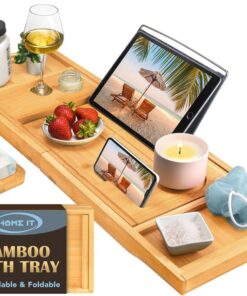 Home It Premium Faltbares Badewannentablett – Bambus wasserdichtes Badewannentablett & Badewannen-Caddy – Holzhalter für Wein, Buch, Seife, Telefon, luxuriöses Geschenk für Männer und Frauen
