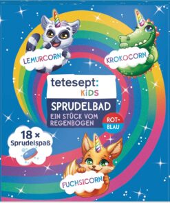 tetesept Kids Sprudelbad Regenbogen, Badezusatz für Kinder - 18 x 20 g | Zweifarbige Sprudeltabs in Rot & Blau, färben das Wasser lila, mit aufregendem Sprudelschaum, hautpflegende Rezeptur